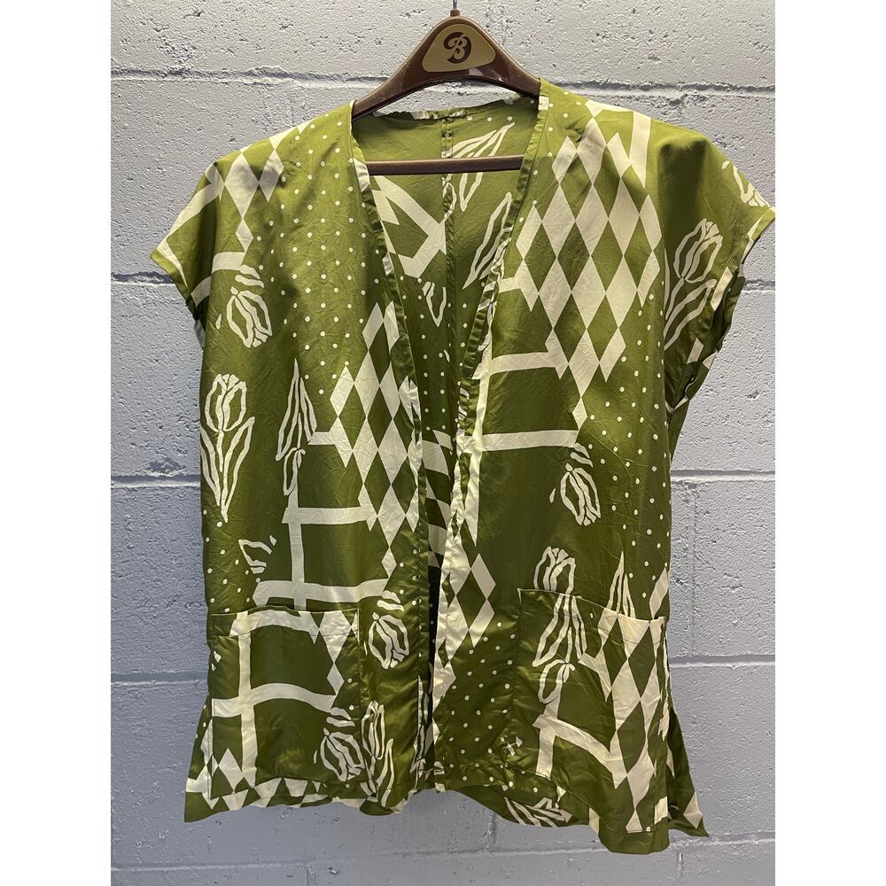 Vintage Silk Short Sleeve Summer Blazer Geometric Abstract Wearable Art Olive